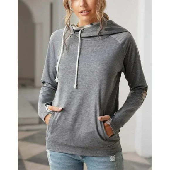 Gray Double Hooded Sweatshirt with Camo Elbow Patch and Inner Hooded 2XL - Picture 3 of 11